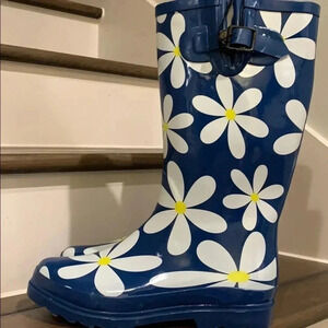 Blue Floral Rain Boots Waterproof Size 10 New